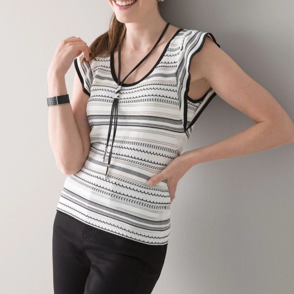 🐝WHITE HOUSE BLACK MARKET WHITE BLACK FLUTTER SLEEVE POINTELLE STRIPE KNIT TOP